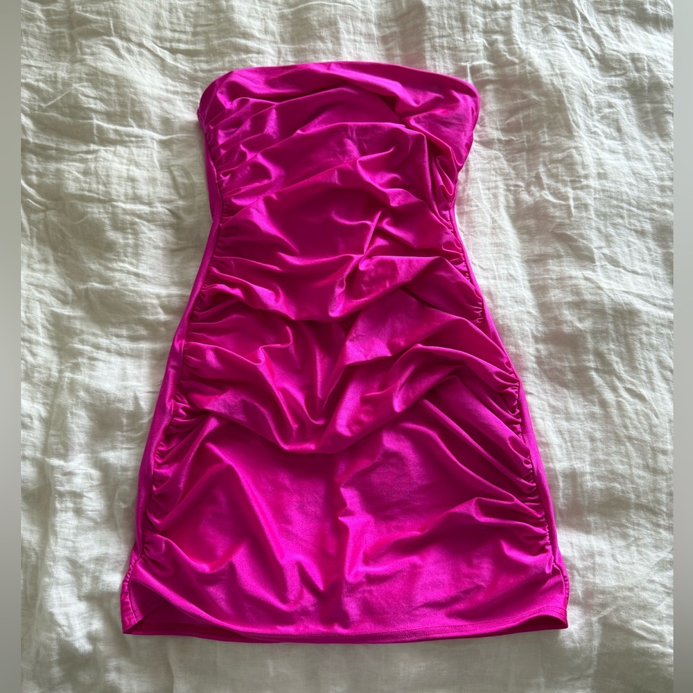 MISCREANTS | Pink Scuba Strapless Dress | Elbow Length Gloves | Size US 6